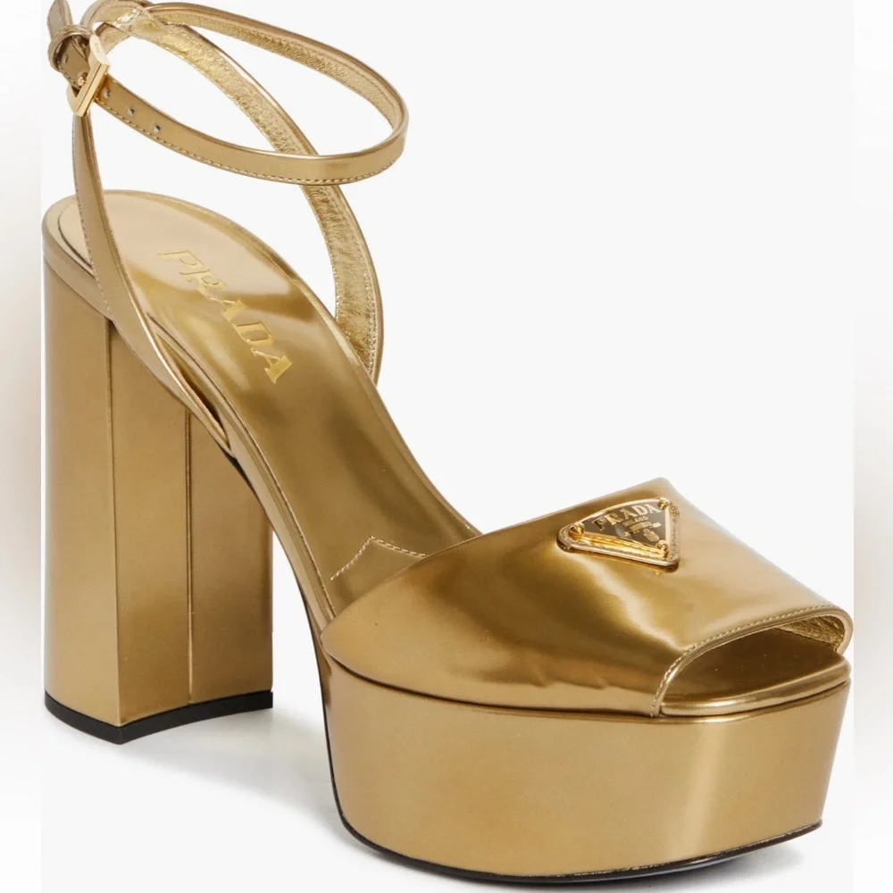 Prada Gold Platform logo Heels for Women 38.5 - Picture 5 of 11